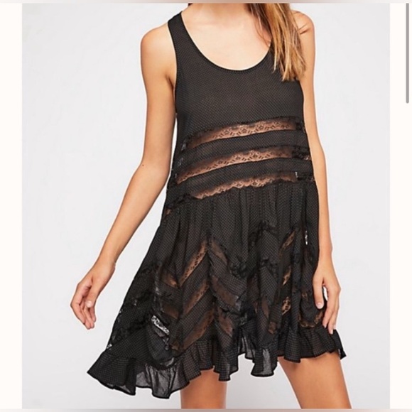 Free People Black Polka Dot Voile and Lace Trapeze Mini Dress - Picture 2 of 6